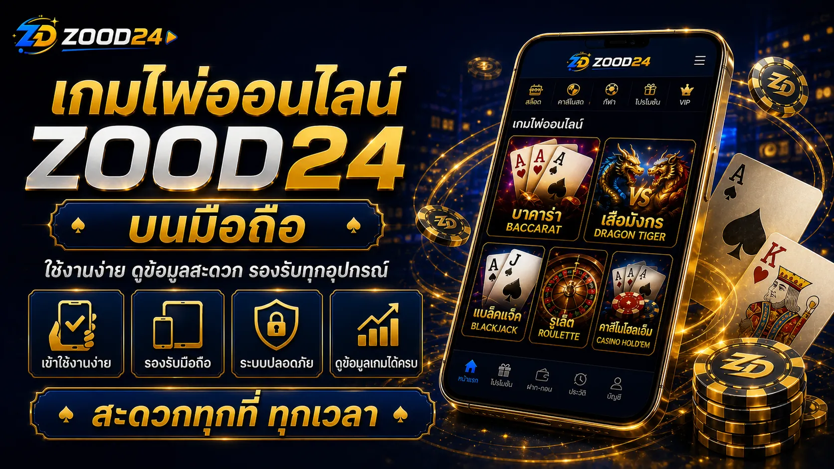 ประเภทเกมไพ่ออนไลน์ ZOOD24 บาคาร่า เสือมังกร แบล็คแจ็ค ไพ่สามใบ