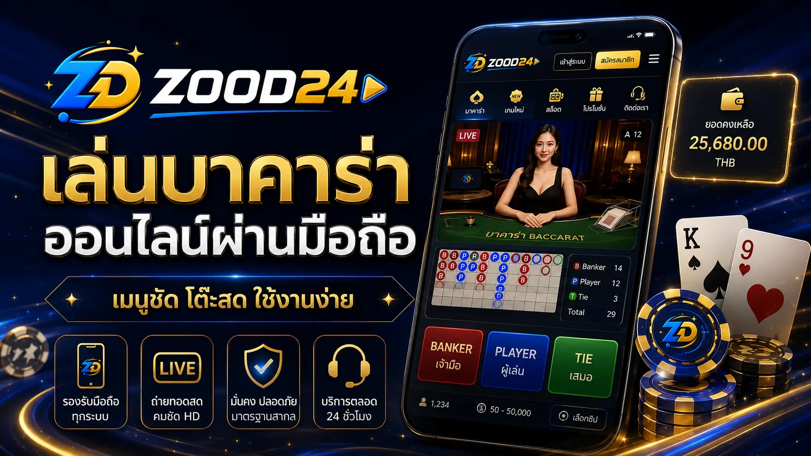 เล่นบาคาร่าออนไลน์ผ่านมือถือ เมนูชัด โต๊ะสด ใช้งานง่าย