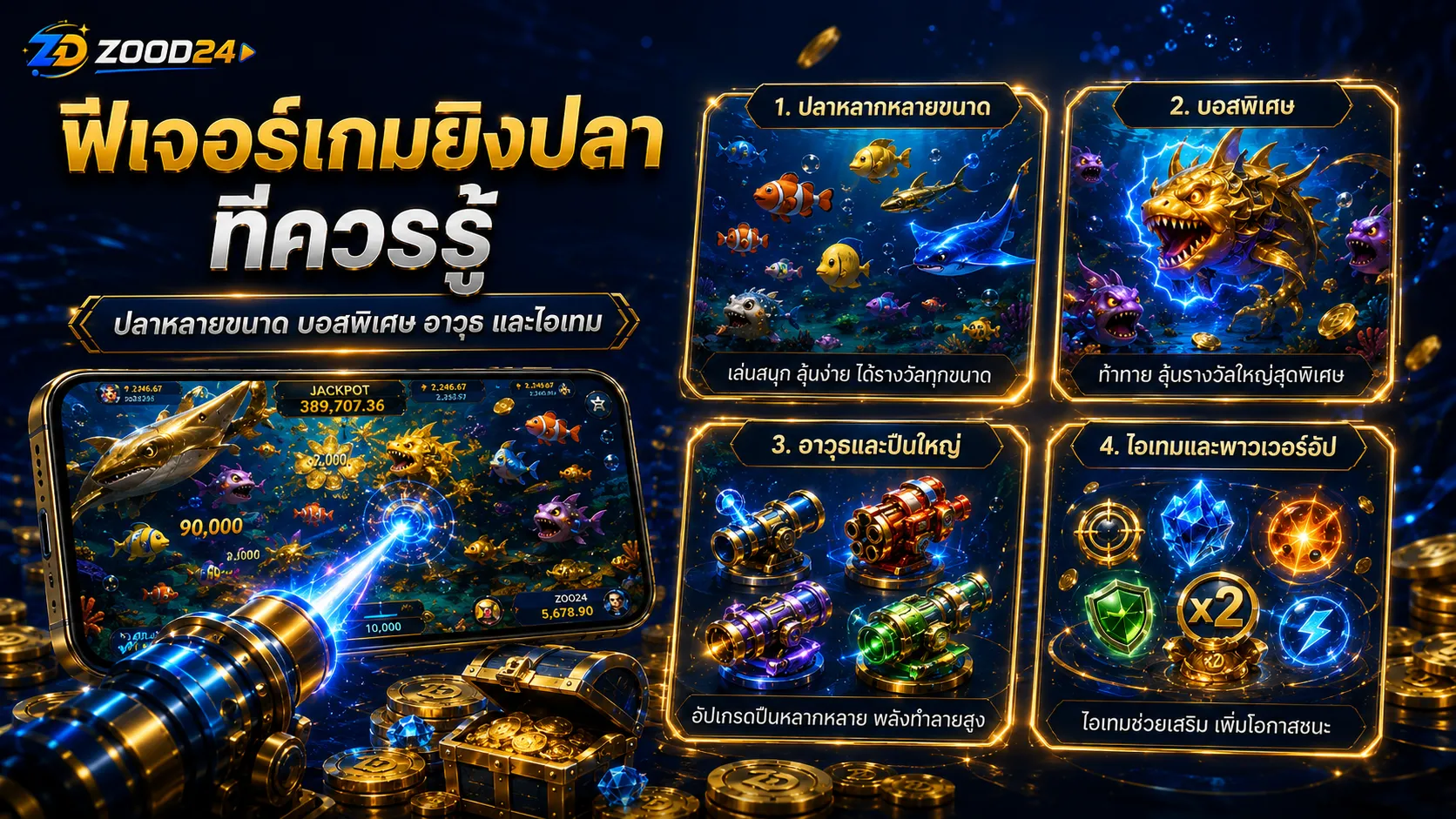 ฟีเจอร์เกมยิงปลา ZOOD24 ปลาหลายขนาด บอสพิเศษ อาวุธ และไอเทม