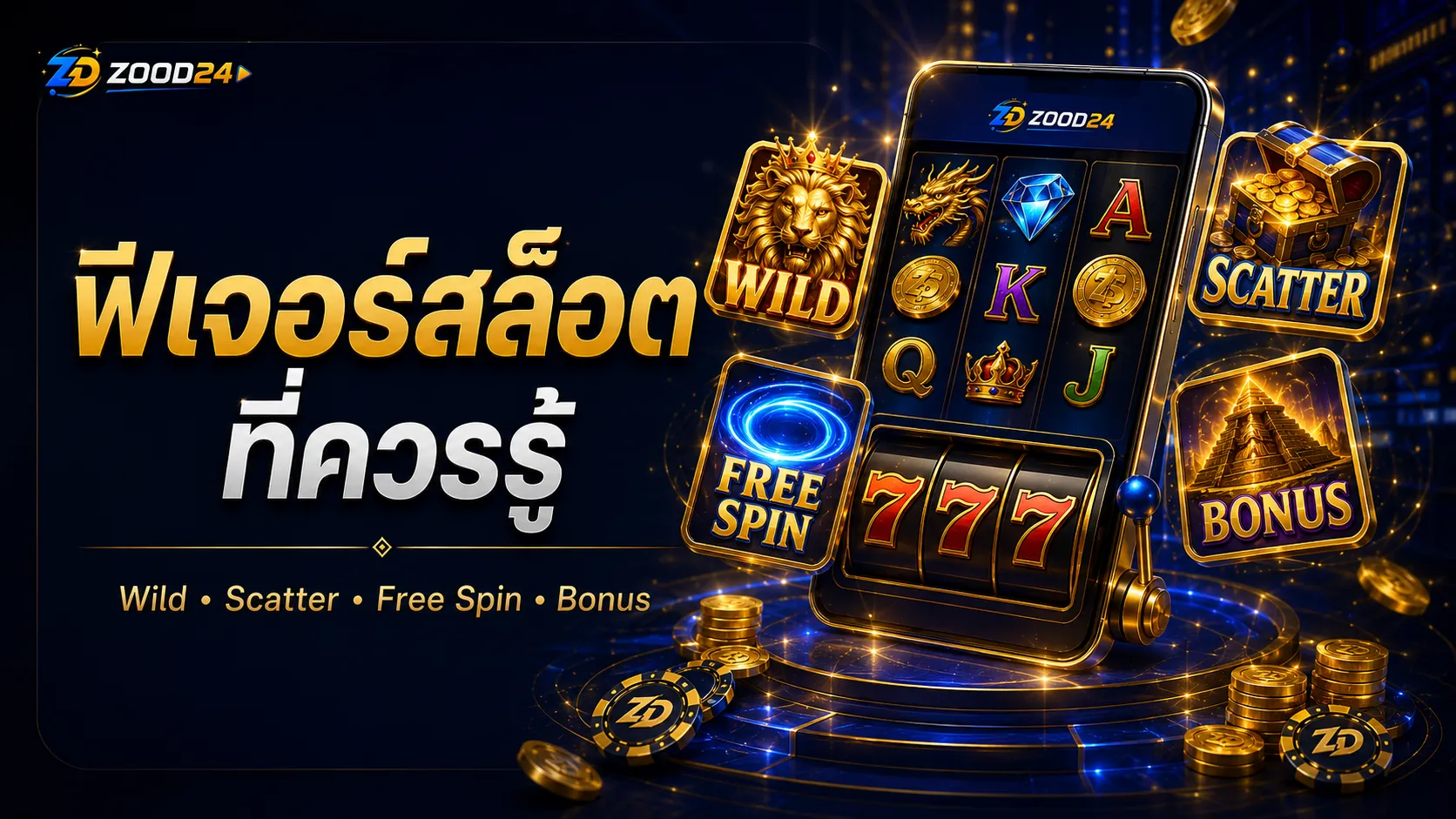 ฟีเจอร์สล็อต ZOOD24 Wild Scatter Free Spin Bonus Feature