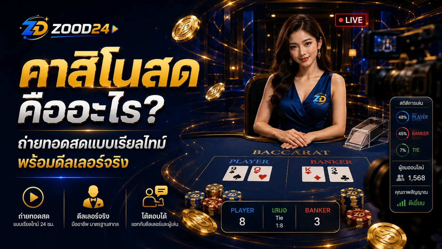 ภาพประกอบคาสิโนสด ZOOD24 บรรยากาศโต๊ะ Live Casino และดีลเลอร์