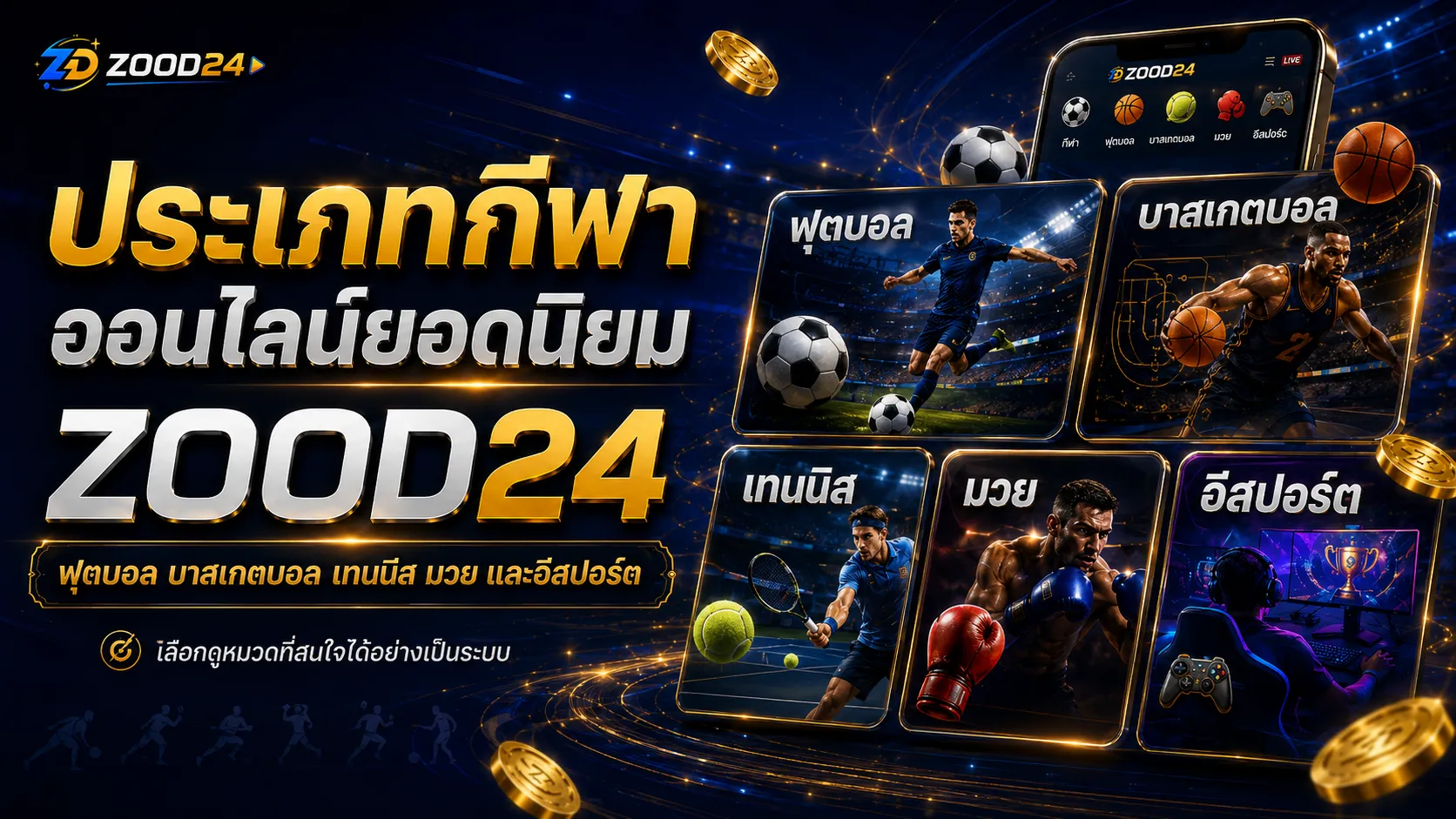 ประเภทกีฬาออนไลน์ ZOOD24 ฟุตบอล บาสเกตบอล เทนนิส มวย และอีสปอร์ต