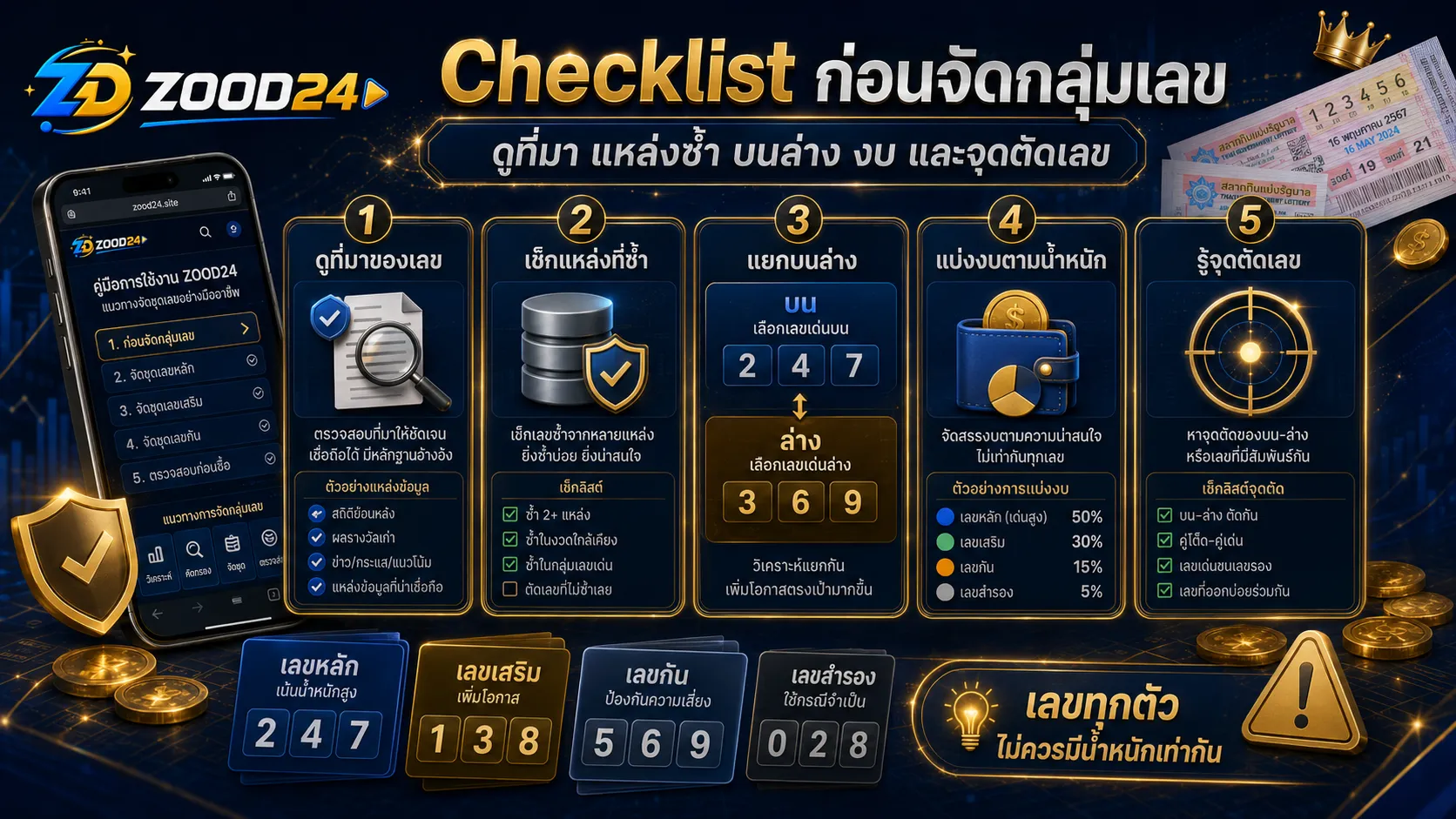 Checklist ก่อนจัดเลขเด่น เลขรอง เลขกัน ต้องดูที่มา แหล่งข้อมูล บนล่าง งบ และจุดตัดเลข