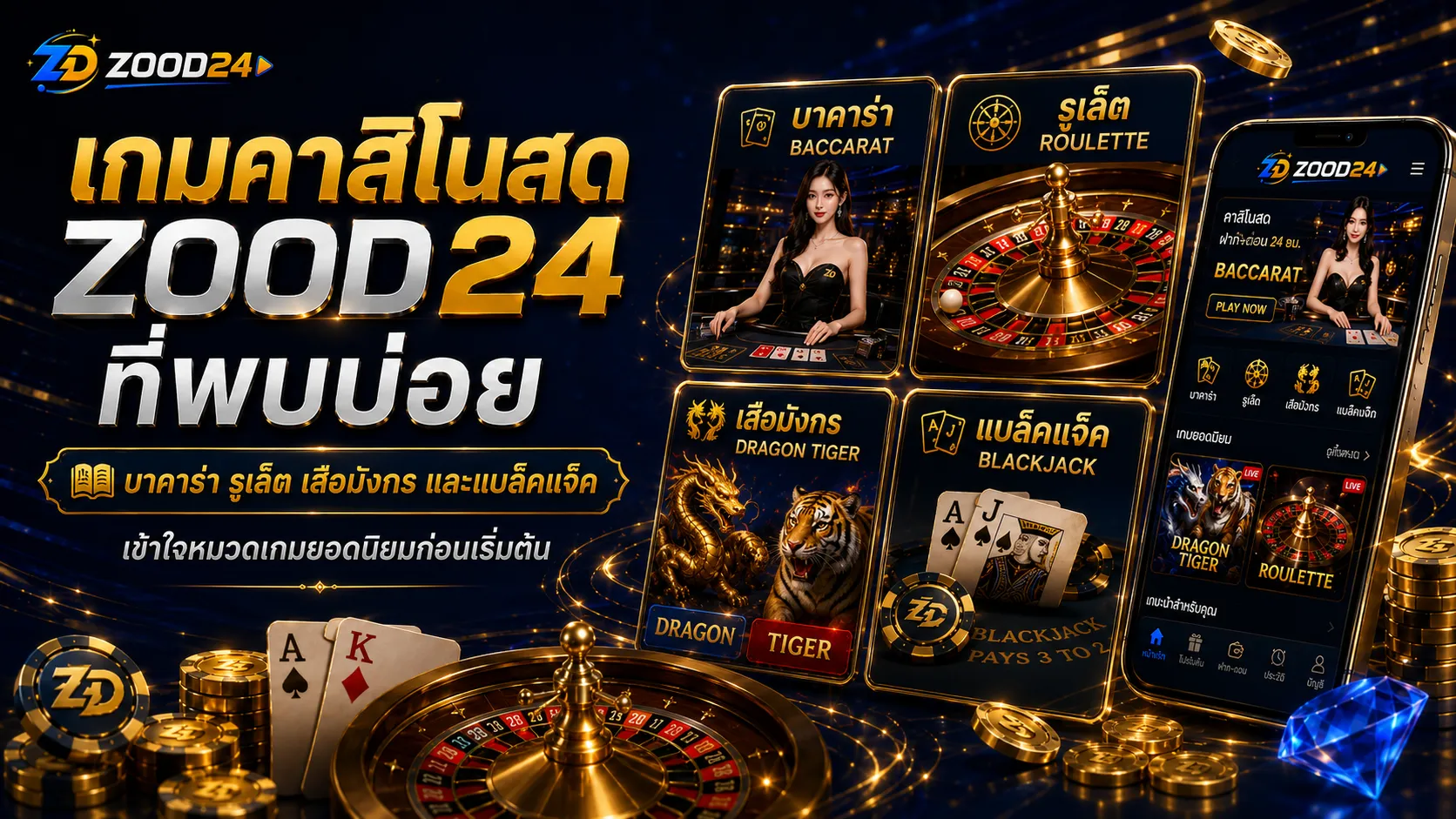 เกมคาสิโนสด ZOOD24 บาคาร่า รูเล็ต เสือมังกร และแบล็คแจ็ค