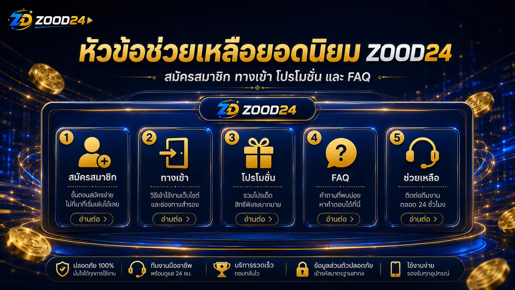 หัวข้อที่ผู้ใช้งานมักติดต่อ ZOOD24 วิธีสมัคร ทางเข้า โปรโมชั่น และ FAQ