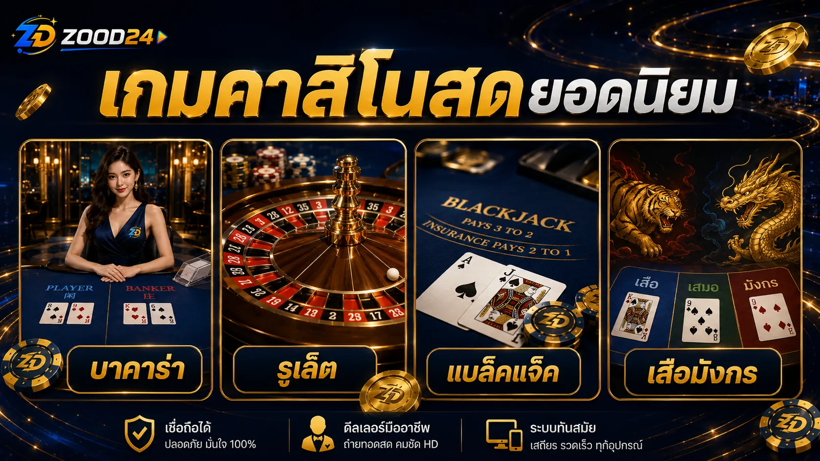 เกมคาสิโนสดยอดนิยมใน ZOOD24 บาคาร่า รูเล็ต แบล็คแจ็ค และเสือมังกร