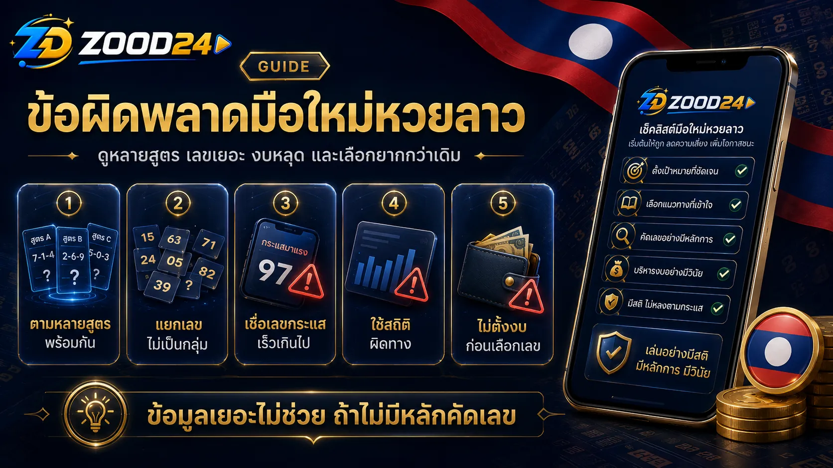 ข้อผิดพลาดมือใหม่หวยลาว ตามหลายสูตร แยกเลขไม่ชัด เชื่อเลขกระแส ใช้สถิติผิด และไม่ตั้งงบพร้อมธงชาติลาว