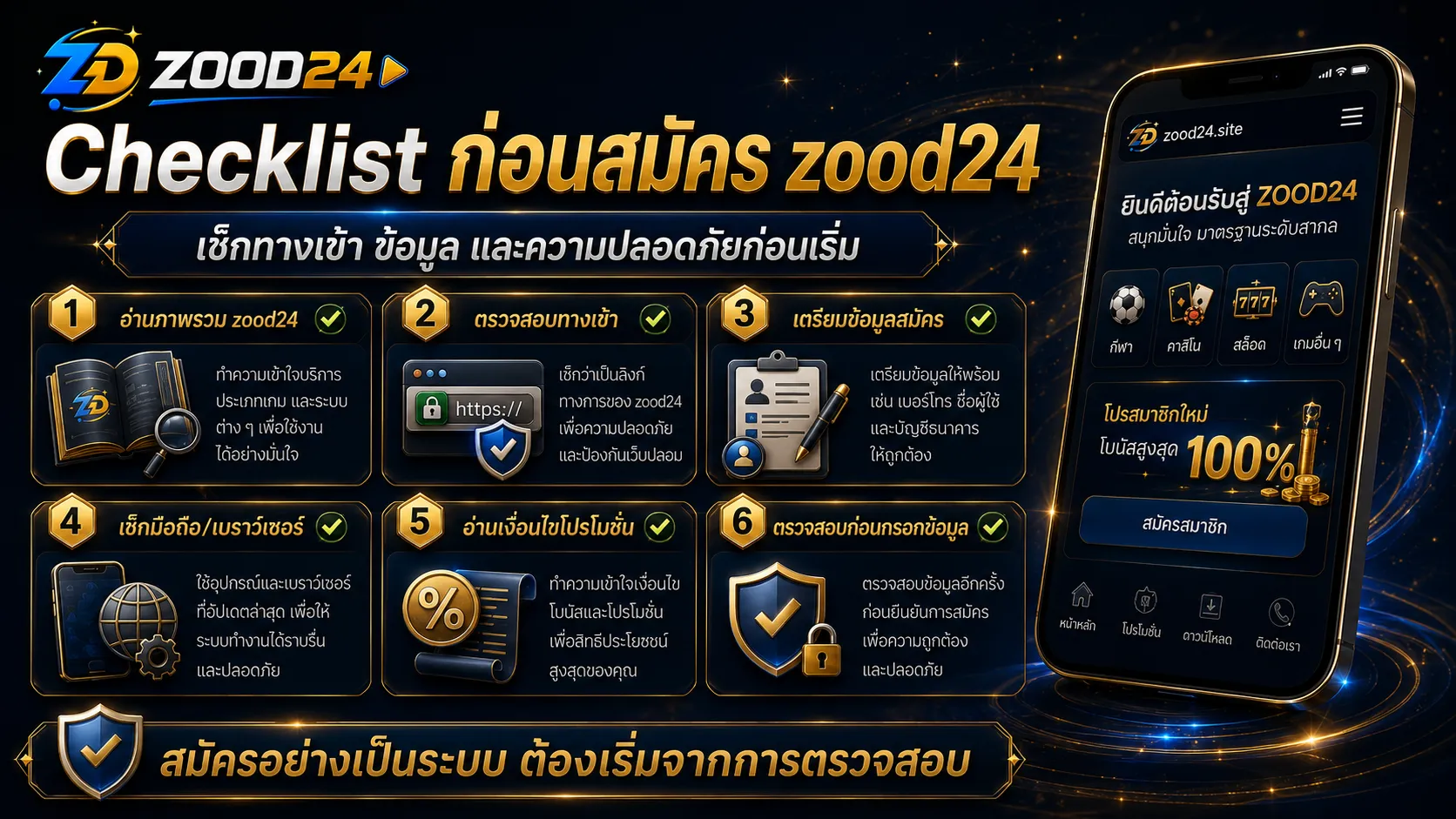 Checklist สมัคร zood24 ต้องเตรียมอะไร หน้าเว็บถูกต้อง ข้อมูลพื้นฐาน เบราว์เซอร์ โปรโมชั่น และความปลอดภัย