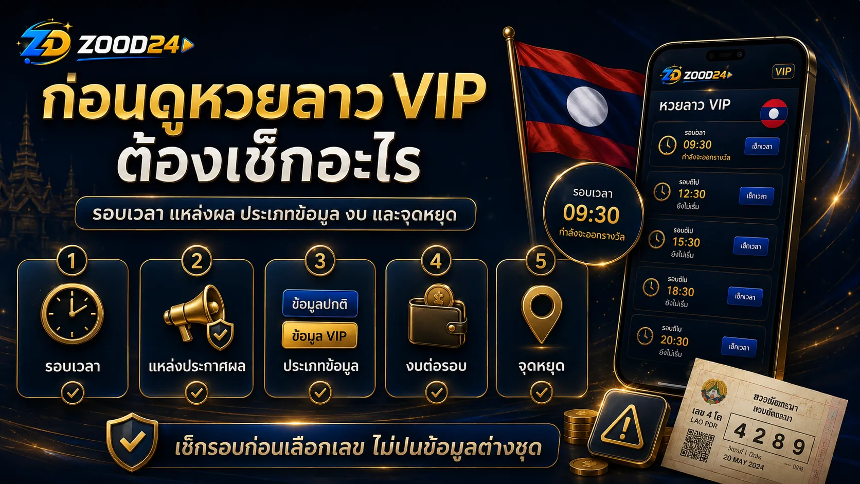 Checklist หวยลาว VIP ก่อนเลือกเลข เช็กรอบเวลา แหล่งประกาศผล ประเภทข้อมูล งบต่อรอบ และจุดหยุดพร้อมธงชาติลาว