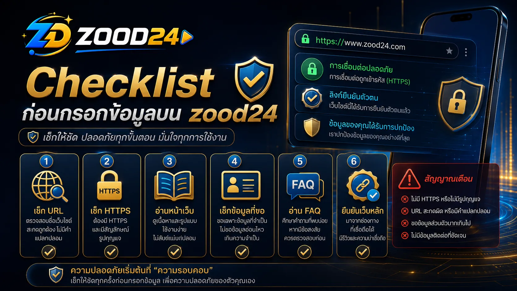 Checklist zood24 ปลอดภัยไหม ก่อนกรอกข้อมูล เช็ก URL HTTPS หน้าเว็บ ข้อมูลที่ขอ และ FAQ