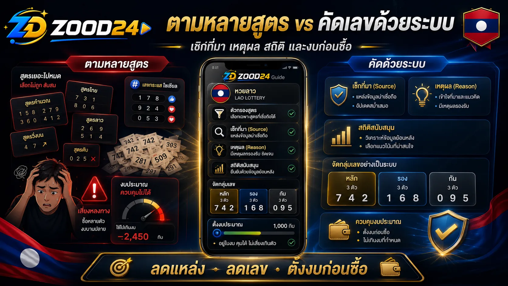 เปรียบเทียบมือใหม่หวยลาวที่ตามหลายสูตรและเลขกระแส กับการคัดเลขจากที่มา เหตุผล สถิติ และงบพร้อมธงชาติลาว